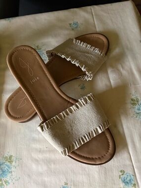 Joie Cream Canvas Ruffle Slide Sandals with Tan Footbed